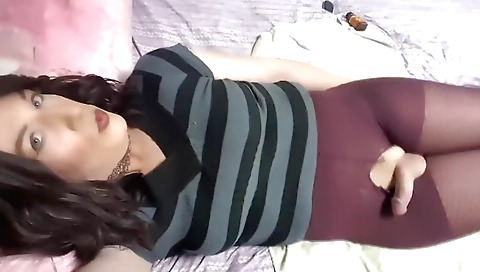 Amateur shemale fucks herself in solo porn with a dildo