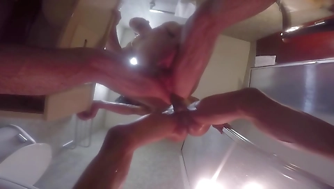 Ebony shemale plays with her boyfriend's cock in the shower