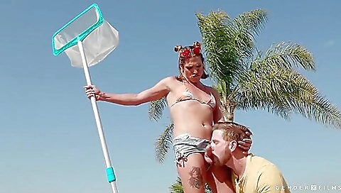 Stunning blonde babe with a sexy dress fucks outdoors