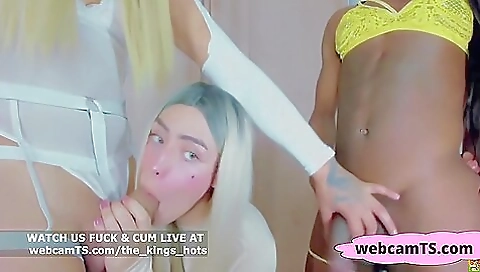 Interracial threesome porn with a sexy blonde shemale