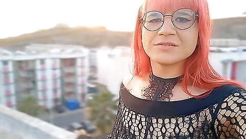 Busty latina with a tattoo on her ass got on the roof