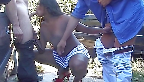 Ebony trans and black bitches in black lingerie fucked