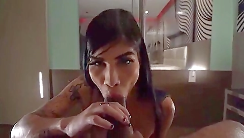 Brunette girl with a tattooed ass fucked deepthroat