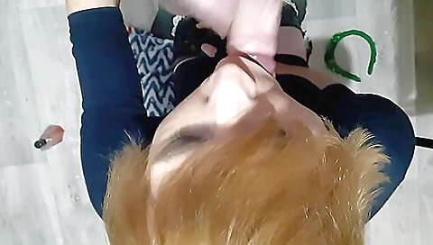 Redheaded girl with tits gets facial cumshot and cum shot