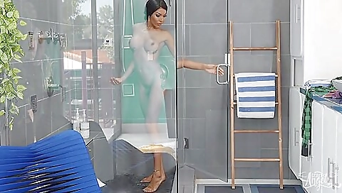 Busty brunette shemale with a hot ass gets fucked by a black guy