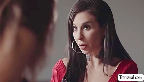 Busty tranny gets her stepmom's girlfriend deep throated