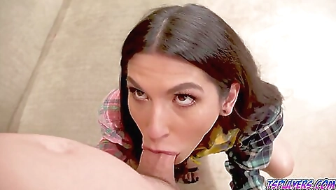 Brunette slut in lingerie gets fucked and deepthroated by a guy