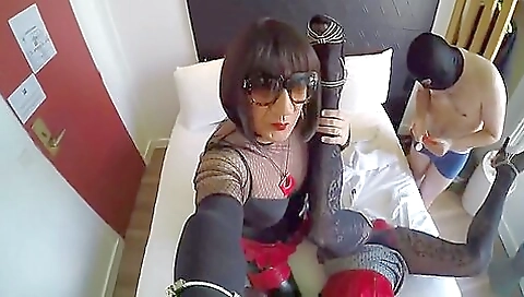 Curvy brunette in hotel room fingering and deepthroat