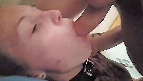 Busty amateur with a tattooed pussy sucking a deep throat
