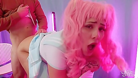 A red-haired babe is riding a huge dick in reverse